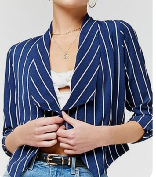 Iris Jackets & Blazers - Open-Front Pinstriped Blazer Navy Blue & White